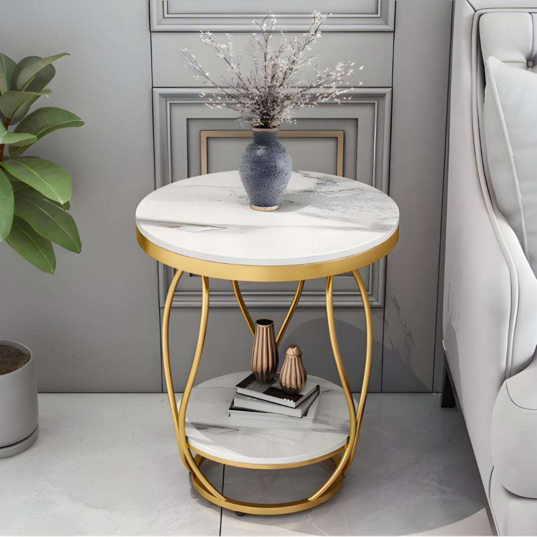 Black Round Side Table MDF with Storage End Table in Gold-0104