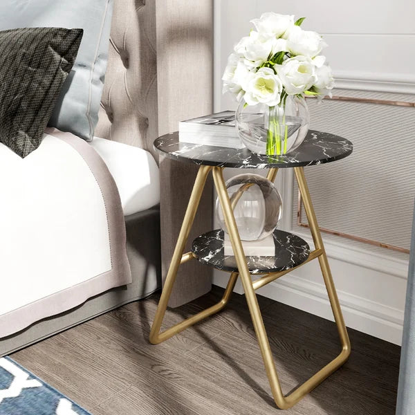 Black 2-Tier End Table with Shelf Side Table Mdf Top