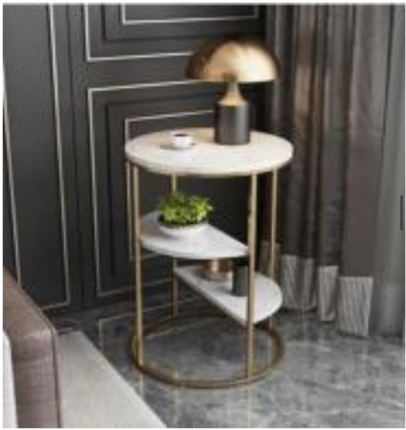 Round End Table, Small Side Table Nightstand with 3-Tier Shelves-0267