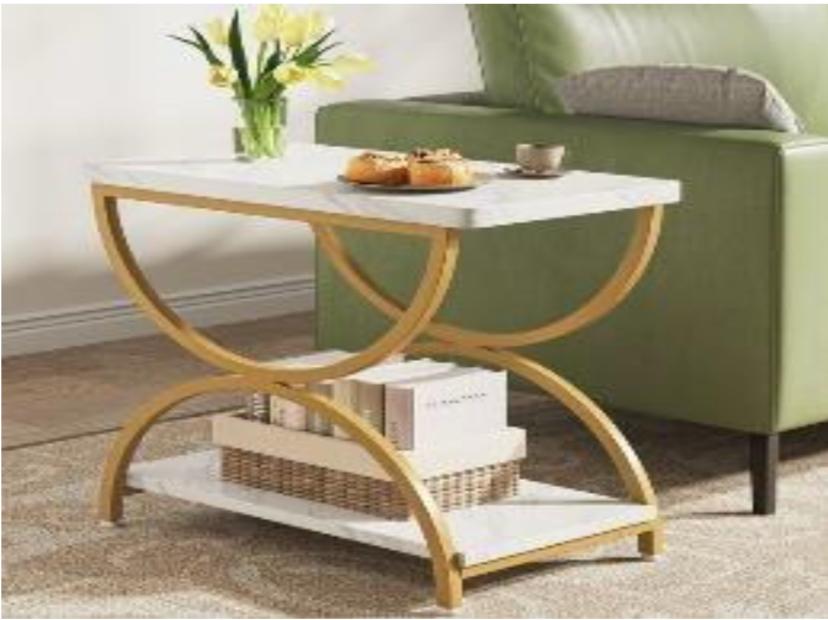 2-Tier Rectangular End Side Accent Table with Stylish Metal Frame-0420