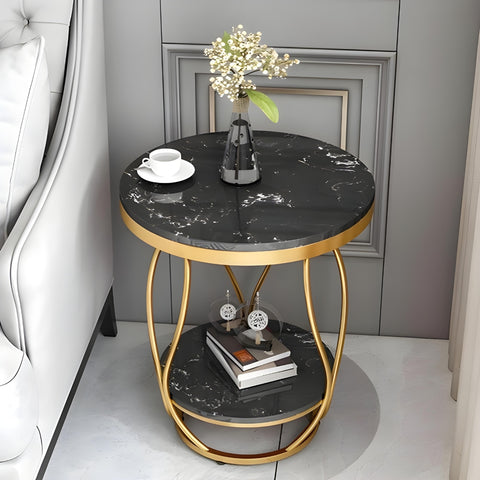 Black Round Side Table MDF with Storage End Table in Gold