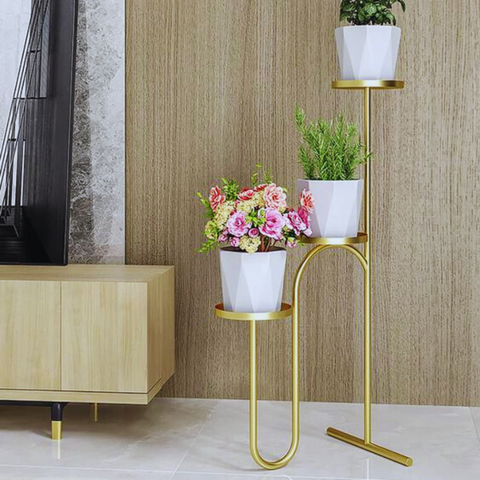 3-Tier Nordic Plant Stand Metal Floral Stand With Tray Shelving In Golden