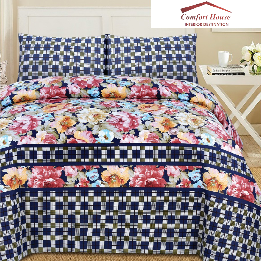 Comfort House 3-Piece Bed Sheet Set (Flower and checkbox pattern)