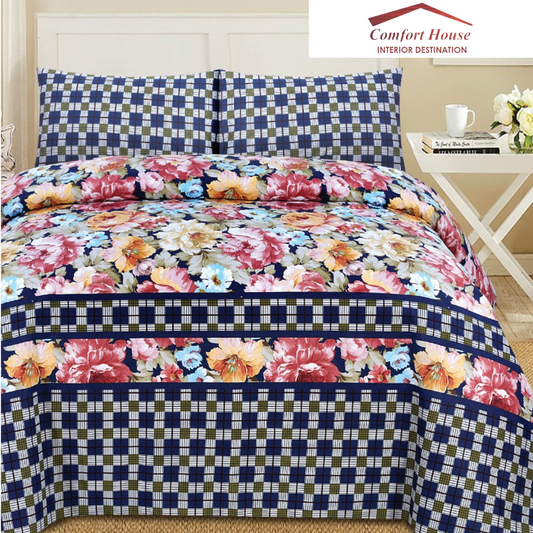Comfort House 3-Piece Bed Sheet Set (Flower and checkbox pattern)