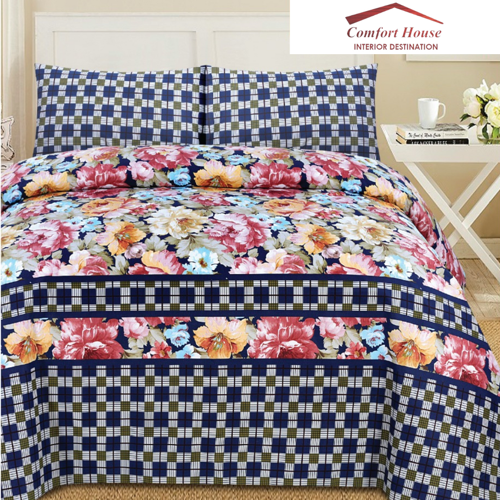 Comfort House 3-Piece Bed Sheet Set (Flower and checkbox pattern)