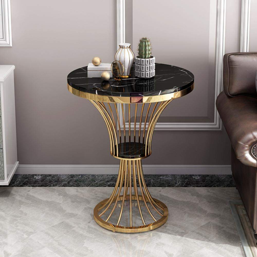 Black Round Faux Marble Side Table Spiral-Shaped End Table in Gold