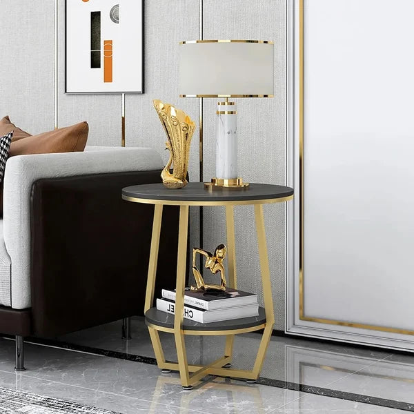 Black Round End Table With Shelf Metal Frame
