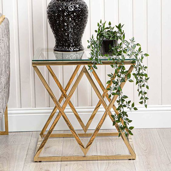 Gold Metal And Glass End Side Table